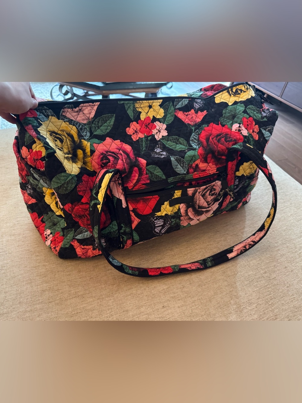 Vera Bradley Black Quilted Tote with Red, Yellow & Pink Roses